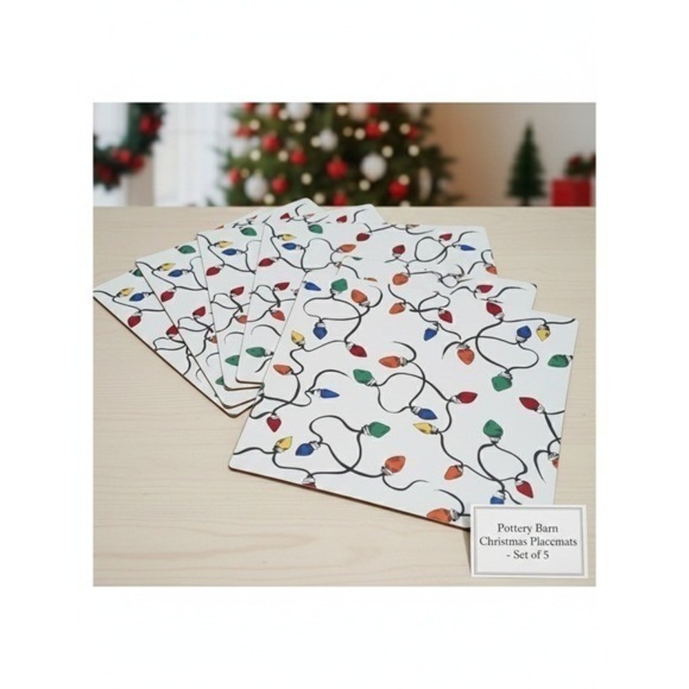 Pottery Barn Christmas Holiday Light String Cork Placemats & Napkins Set of 5‎